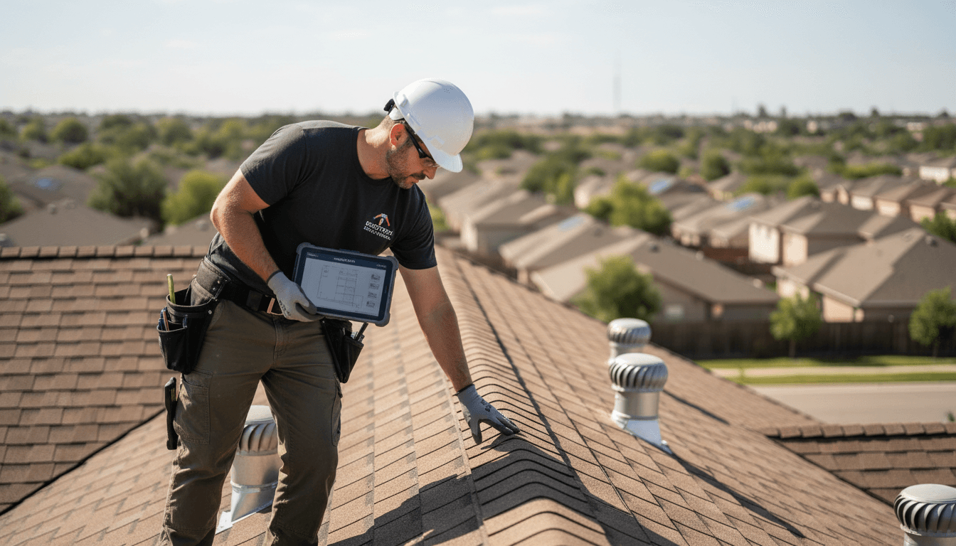Roofing contractor reviewing project details on tablet while inspecting residential roof
