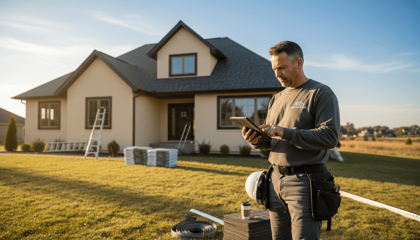 Roofing contractor reviewing project details on tablet in front of completed residential roofing work